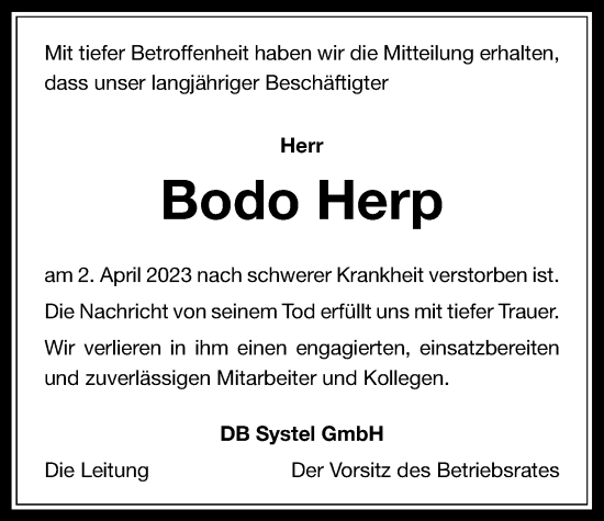 Traueranzeige von Bodo Herp von Wetterauer Zeitung