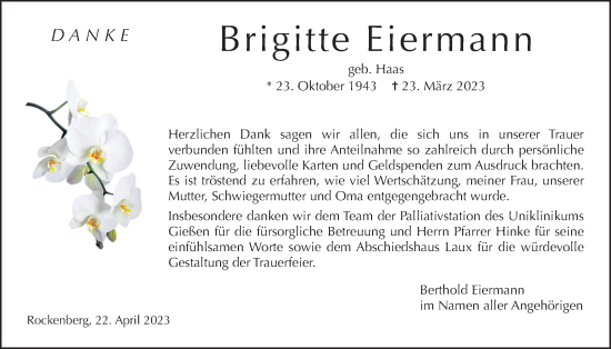 Traueranzeige von Brigitte Eiermann von Wetterauer Zeitung
