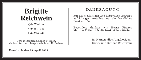 Traueranzeige von Brigitte Reichwein von Wetterauer Zeitung
