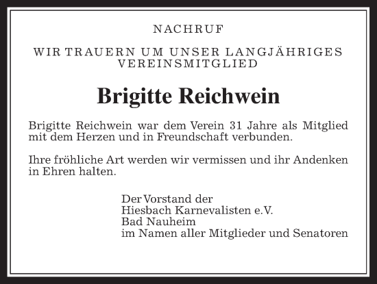 Traueranzeige von Brigitte Reichwein von Wetterauer Zeitung