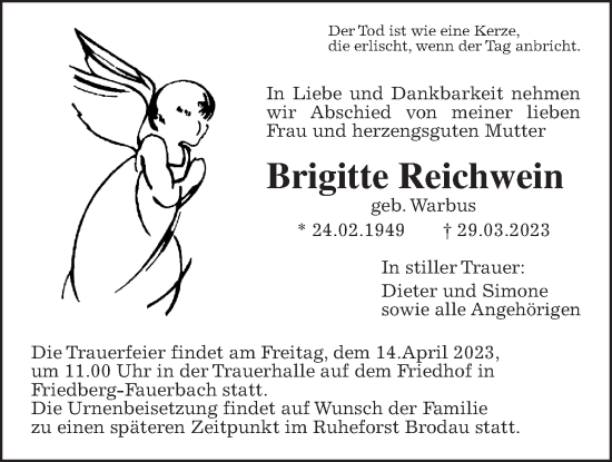 Traueranzeige von Brigitte Reichwein von Wetterauer Zeitung