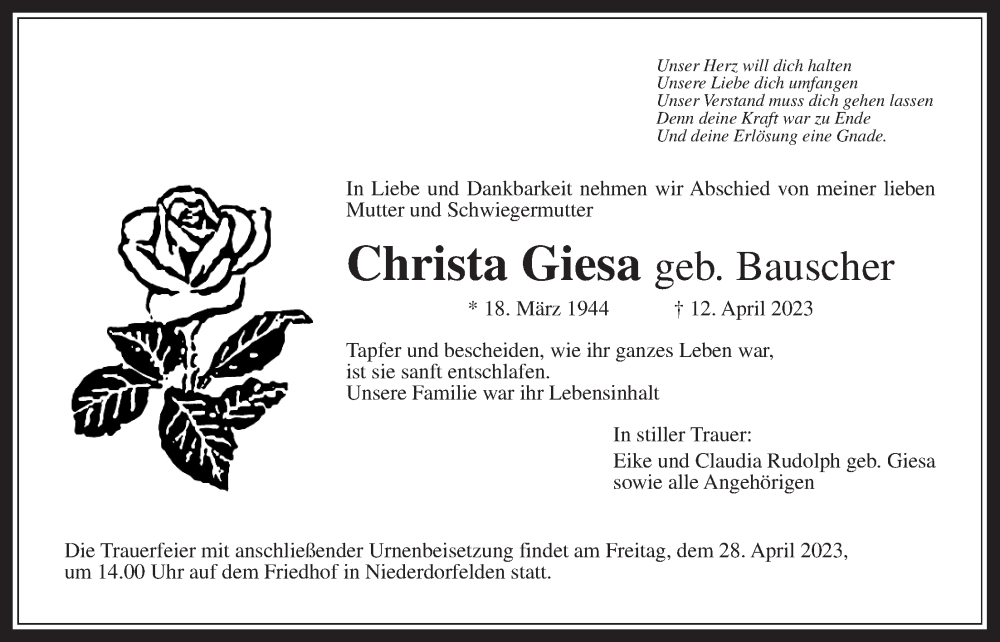  Traueranzeige für Christa Giesa vom 20.04.2023 aus Bad Vilbel/Karben