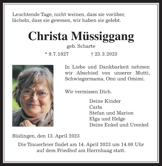 Traueranzeige von Christa Müssiggang von Kreis-Anzeiger