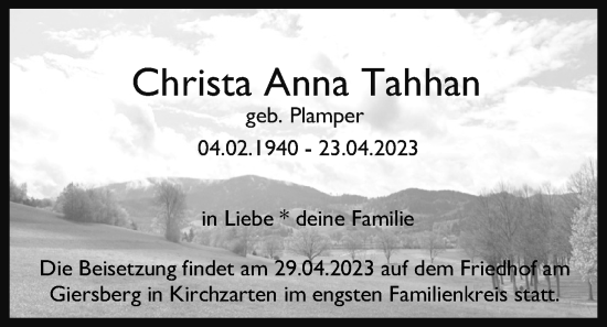 Traueranzeige von Christa Anna Tahhan von Giessener Allgemeine, Alsfelder Allgemeine, Giessener Anzeiger