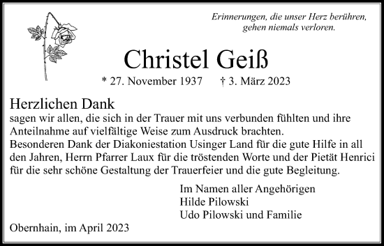 Traueranzeige von Christel Geiß von Usinger Anzeiger