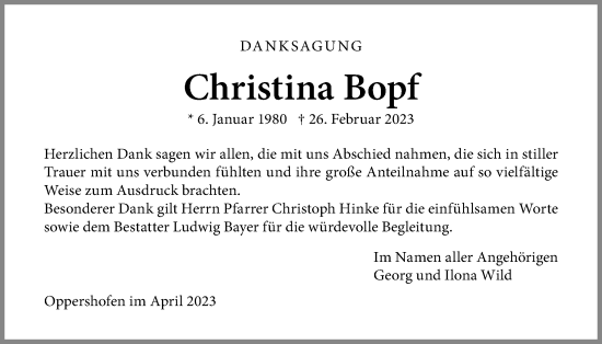 Traueranzeige von Christina Bopf von Wetterauer Zeitung