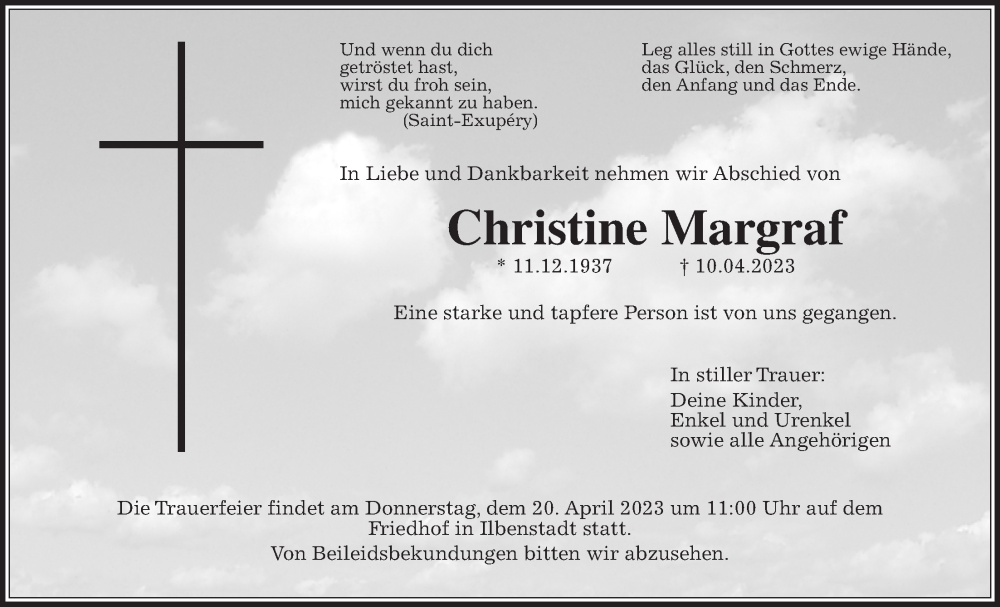  Traueranzeige für Christine Margraf vom 15.04.2023 aus Wetterauer Zeitung