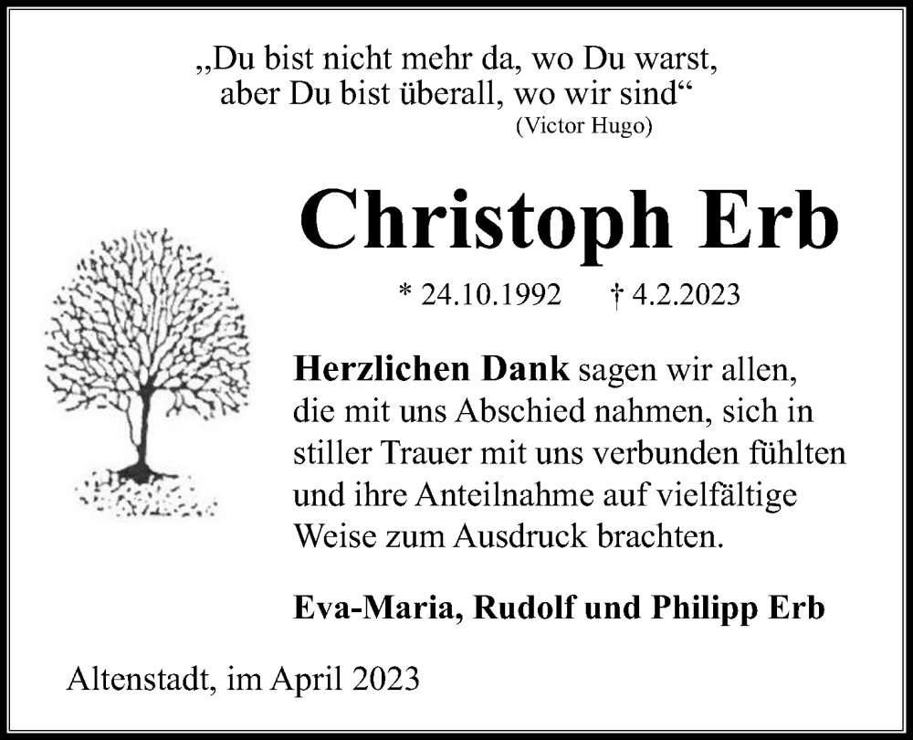  Traueranzeige für Christoph Erb vom 22.04.2023 aus Kreis-Anzeiger