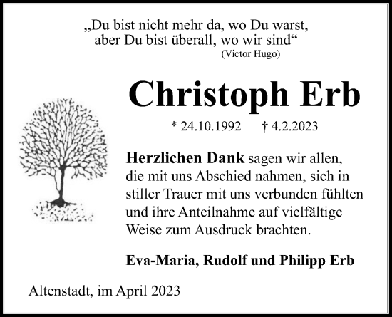 Traueranzeige von Christoph Erb von Kreis-Anzeiger
