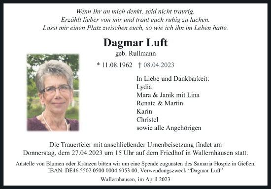 Traueranzeige von Dagmar Luft von Kreis-Anzeiger