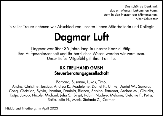 Traueranzeige von Dagmar Luft von Kreis-Anzeiger