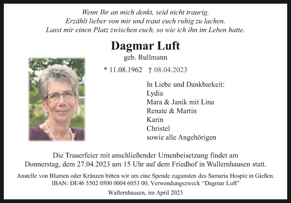  Traueranzeige für Dagmar Luft vom 22.04.2023 aus Kreis-Anzeiger