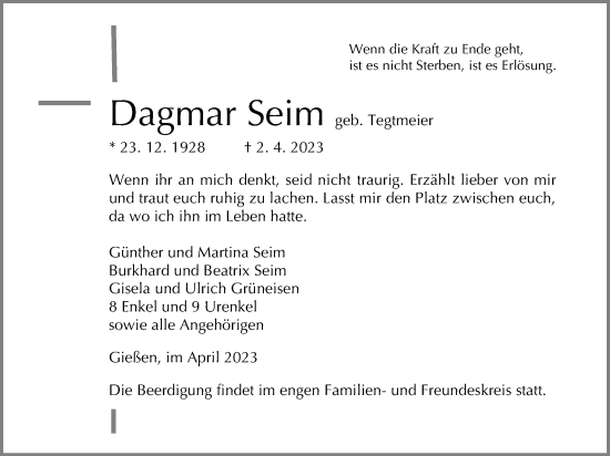 Traueranzeige von Dagmar Seim von Giessener Anzeiger, Giessener Allgemeine, Alsfelder Allgemeine