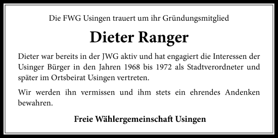 Traueranzeige von Dieter Ranger von Usinger Anzeiger