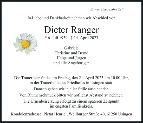 Traueranzeige von Dieter Ranger von Usinger Anzeiger