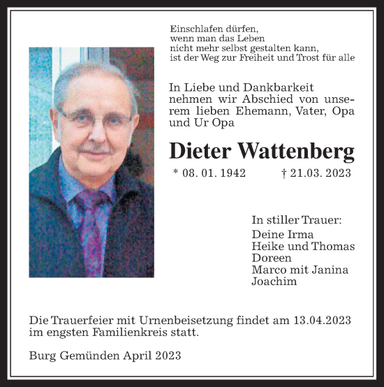 Traueranzeige von Dieter Wattenberg von Alsfelder Allgemeine