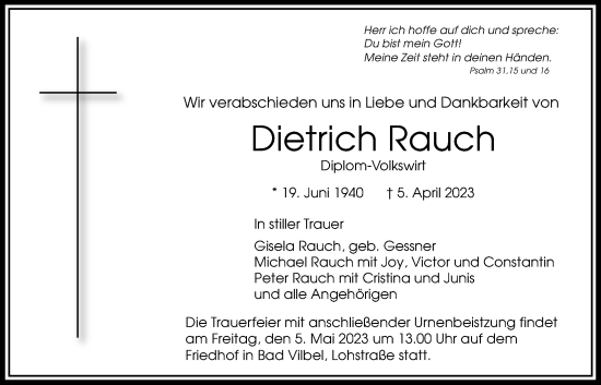 Traueranzeige von Dietrich Rauch von Bad Vilbel/Karben