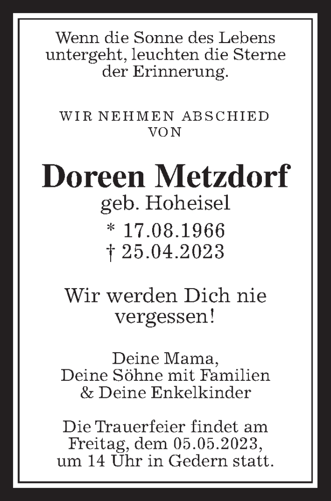  Traueranzeige für Doreen Metzdorf vom 29.04.2023 aus Wetterauer Zeitung, Kreis-Anzeiger
