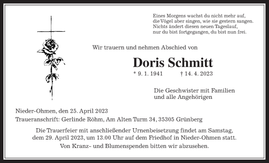 Traueranzeige von Doris Schmitt von Alsfelder Allgemeine