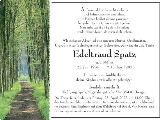 Traueranzeige von Edeltraud Spatz von Licher Wochenblatt