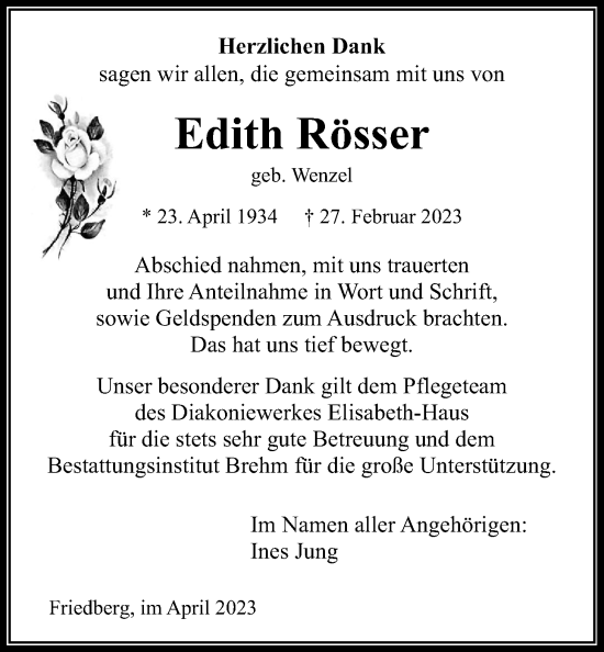 Traueranzeige von Edith Rösser von Wetterauer Zeitung
