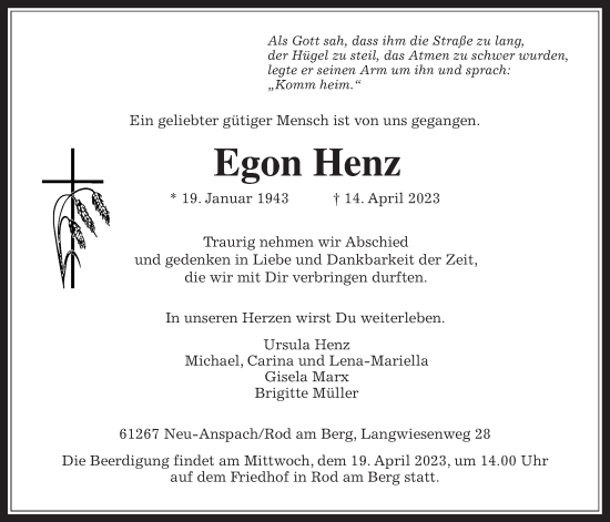 Traueranzeige von Egon Henz von Usinger Anzeiger