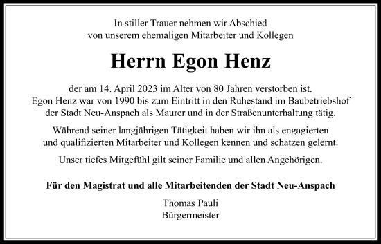 Traueranzeige von Egon Henz von Usinger Anzeiger