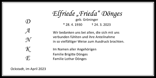 Traueranzeige von Elfriede Dönges von Wetterauer Zeitung