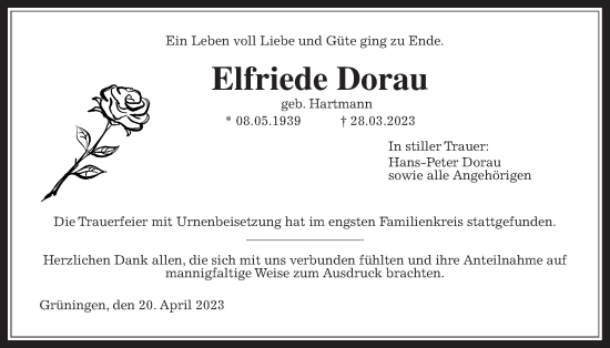 Traueranzeige von Elfriede Dorau von Pohlheimer Nachrichten