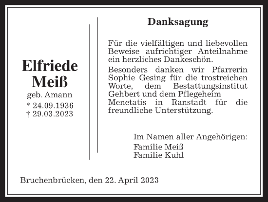 Traueranzeige von Elfriede Meiß von Wetterauer Zeitung