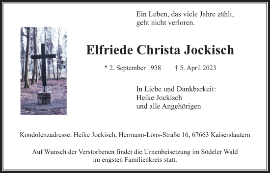 Traueranzeige von Elfriede Christa Jockisch von Wetterauer Zeitung