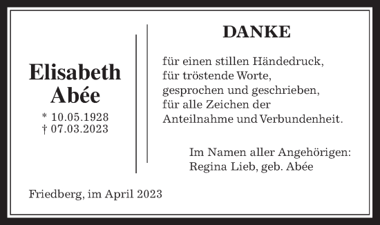 Traueranzeige von Elisabeth Abée von Wetterauer Zeitung