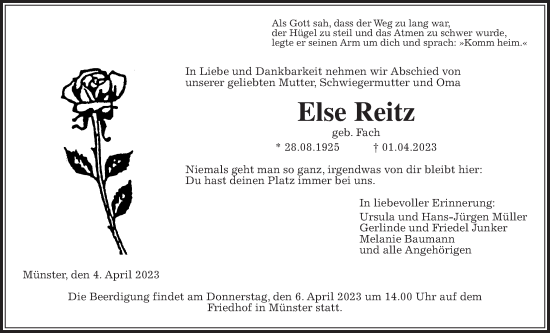 Traueranzeige von Else Reitz von Giessener Allgemeine, Alsfelder Allgemeine