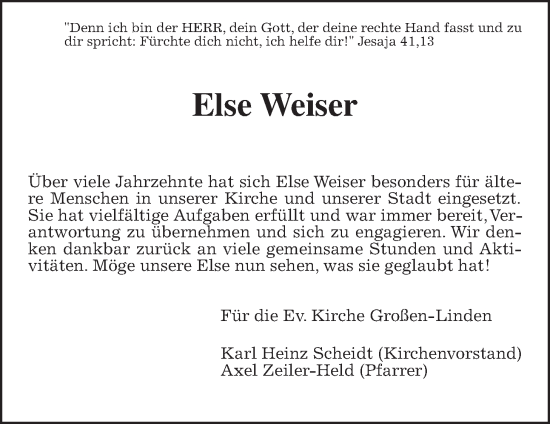 Traueranzeige von Else Weiser von Giessener Allgemeine, Alsfelder Allgemeine