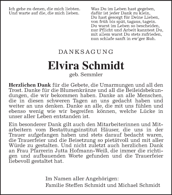 Traueranzeige von Elvira Schmidt von Giessener Allgemeine, Alsfelder Allgemeine