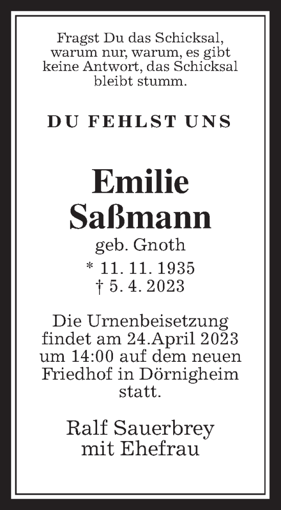 Traueranzeige von Emilie Saßmann von Wetterauer Zeitung, 