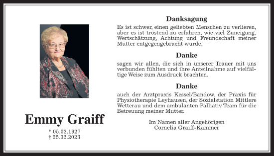 Traueranzeige von Emmy Graiff von Wetterauer Zeitung