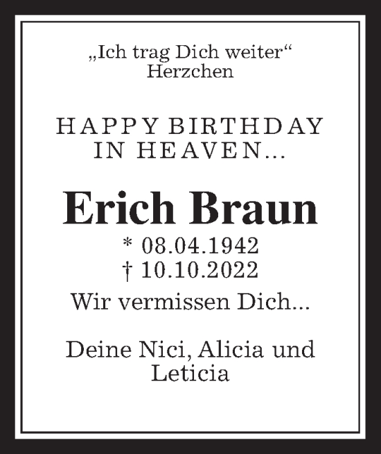 Traueranzeige von Erich Braun von Wetterauer Zeitung