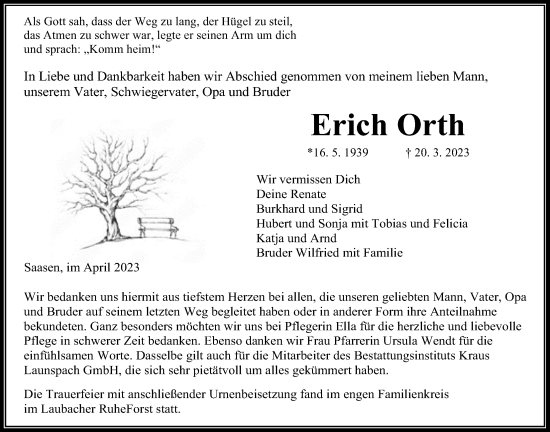 Traueranzeige von Erich Orth von Alsfelder Allgemeine, Giessener Allgemeine