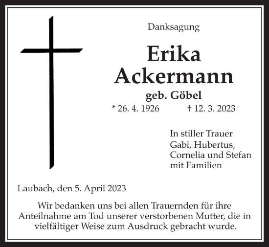 Traueranzeige von Erika Ackermann von Laubacher Anzeiger