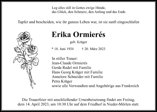 Traueranzeige von Erika Ormierés von Wetterauer Zeitung