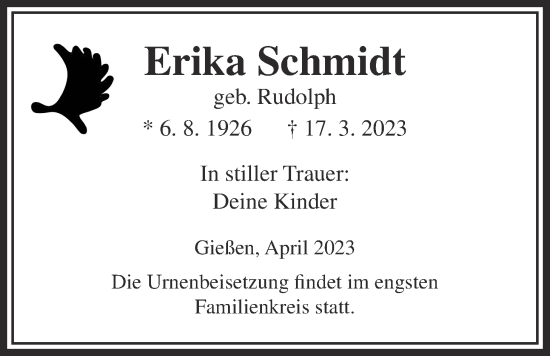 Traueranzeige von Erika Schmidt von Giessener Anzeiger, Giessener Allgemeine, Alsfelder Allgemeine