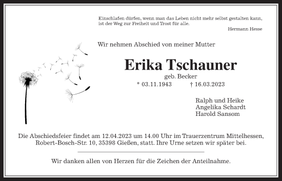 Traueranzeige von Erika Tschauner von Giessener Allgemeine, Alsfelder Allgemeine