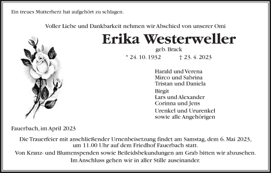 Traueranzeige von Erika Westerweller von Kreis-Anzeiger