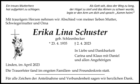 Traueranzeige von Erika Lina Schuster von Giessener Allgemeine, Alsfelder Allgemeine, Giessener Anzeiger