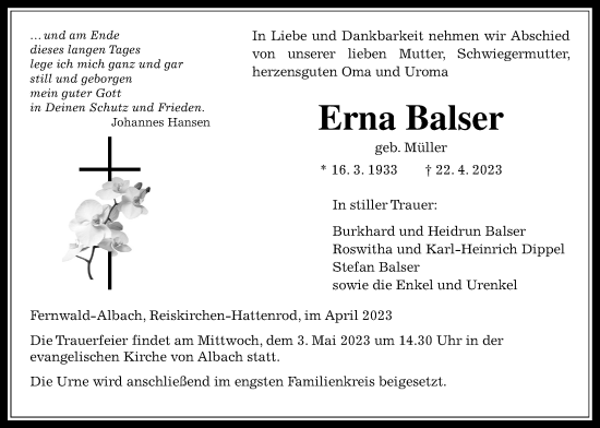 Traueranzeige von Erna Balser von Giessener Anzeiger, Giessener Allgemeine, Alsfelder Allgemeine