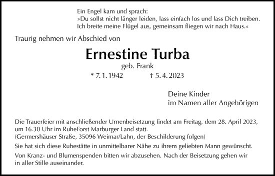 Traueranzeige von Ernestine Turba von Giessener Allgemeine, Alsfelder Allgemeine, Allendorfer Mitteilungen