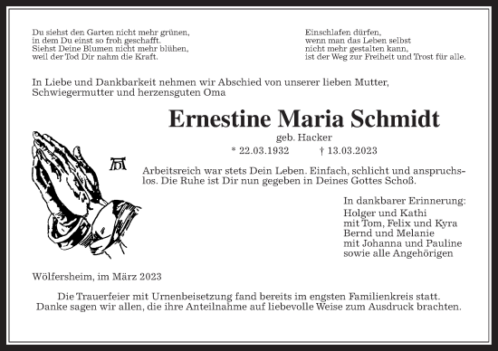 Traueranzeige von Ernestine Maria Schmidt von Wetterauer Zeitung