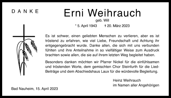 Traueranzeige von Erni Weihrauch von Wetterauer Zeitung
