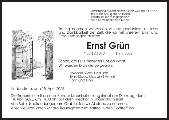 Traueranzeige von Ernst Grün von Giessener Allgemeine, Alsfelder Allgemeine, Giessener Anzeiger